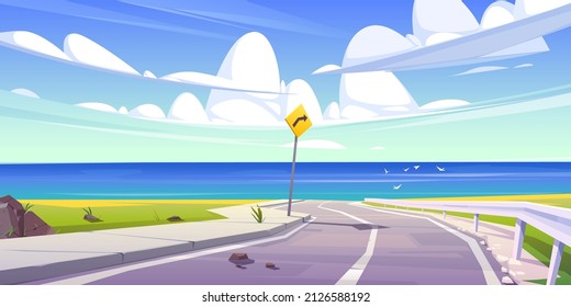 Asphalt road with seaview and blue sky with fluffy clouds, curly empty highway at summer countryside landscape with turn sign. Cartoon scenic background with speedway and ocean, Vector illustration