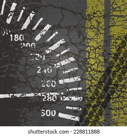 Asphalt road with speedometer, markings, and the wheel tracks