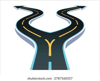 Asphalt road splitting into two curved directions with arrow tips, symbolizing decision making and choices, isolated on a clean white background.