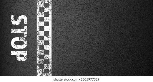 Asphalt road with stop lane marking, concrete highway surface, texture. Street traffic line, road dividing strip. Pattern with grainy structure, grunge stone background. Vector illustration