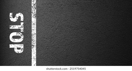 Asphalt road with stop lane marking, concrete highway surface, texture. Street traffic line, road dividing strip. Pattern with grainy structure, grunge stone background. Vector illustration