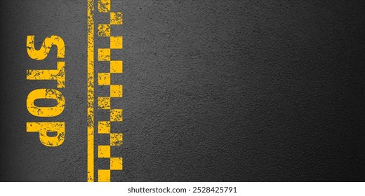 Asphalt road with stop lane marking, concrete highway surface, texture. Street traffic line, road dividing strip. Pattern with grainy structure, grunge stone background. Vector illustration