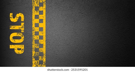 Asphalt road with stop lane marking, concrete highway surface, texture. Street traffic line, road dividing strip. Pattern with grainy structure, grunge stone background. Vector illustration