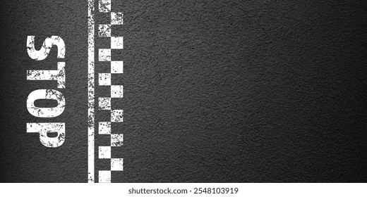 Asphalt road with stop lane marking, concrete highway surface, texture. Street traffic line, road dividing strip. Pattern with grainy structure, grunge stone background. Vector illustration