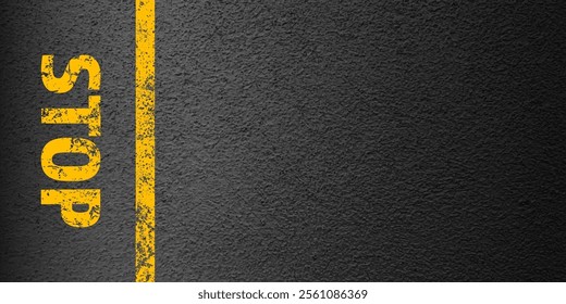 Asphalt road with stop lane marking, concrete highway surface, texture. Street traffic line, road dividing strip. Pattern with grainy structure, grunge stone background. Vector illustration