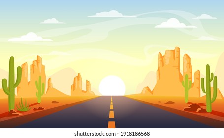 Asphalt road at sunrise in desert landscipe. Road to the sun. Vector illustration