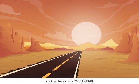 Asphalt road at sunrise in desert. Road to the sun. Vector illustration.