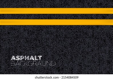 Asphalt road texture background of black tarmac surface with double solid yellow marking lines. Vector grunge pavement of street road, highway or roadway, pattern of asphalt concrete, bitumen