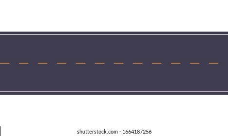 Asphalt road texture with white stripes at the edges and yellow dashed stripe line in the middle. Top view. Seamless pattern vector illustration on a white background.