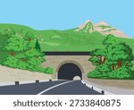 An asphalt road through a dark tunnel under a large mountain. Travel image. Hand-drawn vector illustration of a beautiful mountain landscape with a road.