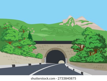 An asphalt road through a dark tunnel under a large mountain. Travel image. Hand-drawn vector illustration of a beautiful mountain landscape with a road.