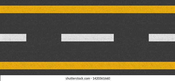 Asphalt road top view, seamless highway line texture marks, road yellow and white dotted marking, vector illustration
