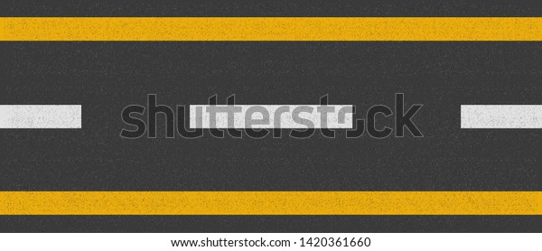 Asphalt road
top view, seamless highway line texture marks, road yellow and
white dotted marking, vector
illustration