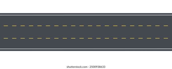 Vista superior de la carretera de asfalto con dos líneas amarillas. Ilustración vectorial