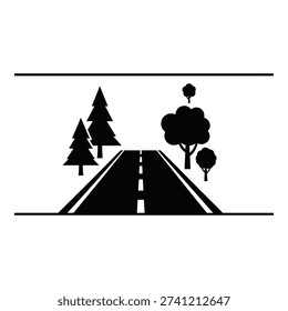 Asphalt road with trees on both sides and dotted line perspective view icon