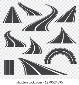 Asphalt road vector  illustration.Curved  perspective highway with markings.Set of icons .