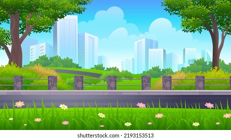 Asphalt road with walled rocky fence along urban garden, and town building on skyline summer landscape