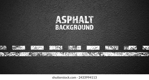 Carretera de asfalto con marca de carril blanco agrietado, superficie de carretera de hormigón, textura. Línea de tráfico de la calle, carretera que divide la pista. Patrón con estructura granulada, fondo de piedra grunge. Ilustración de vector