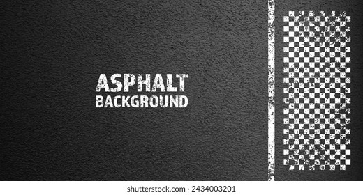 Asphalt road with white cracked lane marking, concrete highway surface, texture. Street traffic line, road dividing strip. Pattern with grainy structure, grunge stone background. Vector illustration