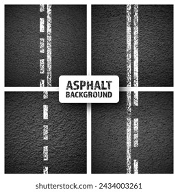 Asphalt road with white cracked lane marking, concrete highway surface, texture. Street traffic line, road dividing strip. Pattern with grainy structure, grunge stone background. Vector illustration