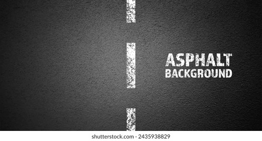 Asphalt road with white cracked lane marking, concrete highway surface, texture. Street traffic line, road dividing strip. Pattern with grainy structure, grunge stone background. Vector illustration