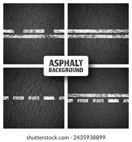 Asphalt road with white cracked lane marking, concrete highway surface, texture. Street traffic line, road dividing strip. Pattern with grainy structure, grunge stone background. Vector illustration