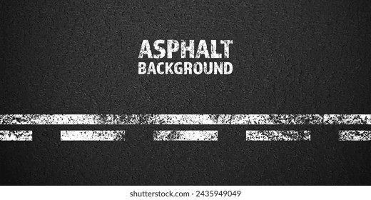 Asphalt road with white cracked lane marking, concrete highway surface, texture. Street traffic line, road dividing strip. Pattern with grainy structure, grunge stone background. Vector illustration