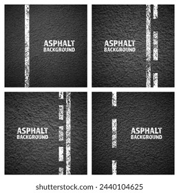 Asphalt road with white cracked lane marking, concrete highway surface, texture. Street traffic line, road dividing strip. Pattern with grainy structure, grunge stone background. Vector illustration