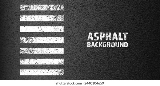 Asphalt road with white cracked lane marking, concrete highway surface, texture. Street traffic line, road dividing strip. Pattern with grainy structure, grunge stone background. Vector illustration