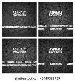 Asphalt road with white cracked lane marking, concrete highway surface, texture. Street traffic line, road dividing strip. Pattern with grainy structure, grunge stone background. Vector illustration