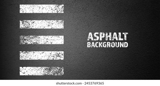 Asphalt road with white cracked lane marking, concrete highway surface, texture. Street traffic line, road dividing strip. Pattern with grainy structure, grunge stone background. Vector illustration