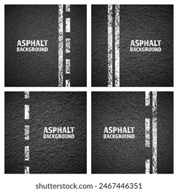 Asphalt road with white cracked lane marking, concrete highway surface, texture. Street traffic line, road dividing strip. Pattern with grainy structure, grunge stone background. Vector illustration