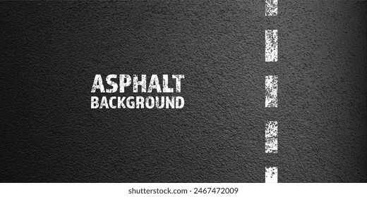 Asphalt road with white cracked lane marking, concrete highway surface, texture. Street traffic line, road dividing strip. Pattern with grainy structure, grunge stone background. Vector illustration