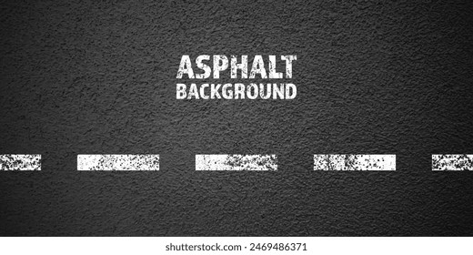 Asphalt road with white cracked lane marking, concrete highway surface, texture. Street traffic line, road dividing strip. Pattern with grainy structure, grunge stone background. Vector illustration