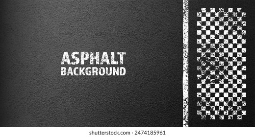 Asphalt road with white cracked lane marking, concrete highway surface, texture. Street traffic line, road dividing strip. Pattern with grainy structure, grunge stone background. Vector illustration.