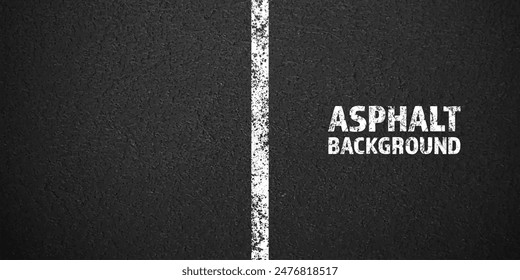 Asphalt road with white cracked lane marking, concrete highway surface, texture. Street traffic line, road dividing strip. Pattern with grainy structure, grunge stone background. Vector illustration