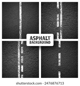 Asphalt road with white cracked lane marking, concrete highway surface, texture. Street traffic line, road dividing strip. Pattern with grainy structure, grunge stone background. Vector illustration