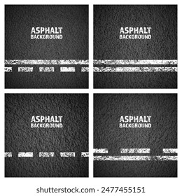 Asphalt road with white cracked lane marking, concrete highway surface, texture. Street traffic line, road dividing strip. Pattern with grainy structure, grunge stone background. Vector illustration