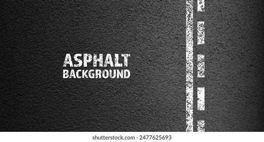 Asphalt road with white cracked lane marking, concrete highway surface, texture. Street traffic line, road dividing strip. Pattern with grainy structure, grunge stone background. Vector illustration