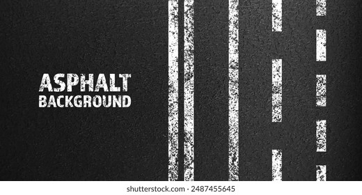 Asphalt road with white cracked lane marking, concrete highway surface, texture. Street traffic line, road dividing strip. Pattern with grainy structure, grunge stone background. Vector illustration