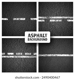 Asphalt road with white cracked lane marking, concrete highway surface, texture. Street traffic line, road dividing strip. Pattern with grainy structure, grunge stone background. Vector illustration