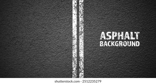 Asphalt road with white cracked lane marking, concrete highway surface, texture. Street traffic line, road dividing strip. Pattern with grainy structure, grunge stone background. Vector illustration