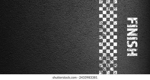 Asphalt road with white finish line marking, concrete highway surface, texture. Street traffic lane, road dividing strip. Pattern with grainy structure, grunge stone background. Vector illustration