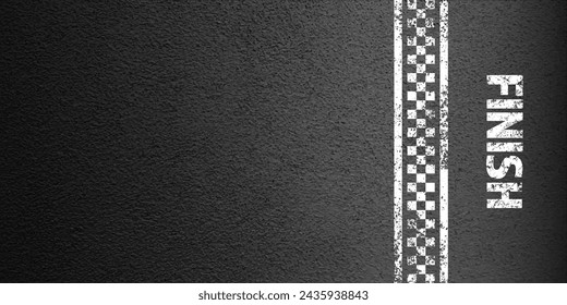 Asphalt road with white finish line marking, concrete highway surface, texture. Street traffic lane, road dividing strip. Pattern with grainy structure, grunge stone background. Vector illustration