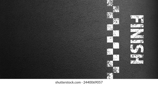 Asphalt road with white finish line marking, concrete highway surface, texture. Street traffic lane, road dividing strip. Pattern with grainy structure, grunge stone background. Vector illustration