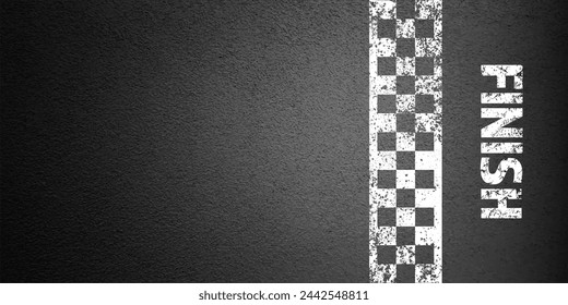 Asphalt road with white finish line marking, concrete highway surface, texture. Street traffic lane, road dividing strip. Pattern with grainy structure, grunge stone background. Vector illustration