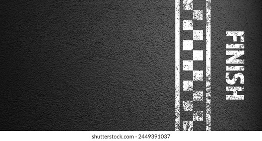 Asphalt road with white finish line marking, concrete highway surface, texture. Street traffic lane, road dividing strip. Pattern with grainy structure, grunge stone background. Vector illustration