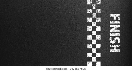 Asphalt road with white finish line marking, concrete highway surface, texture. Street traffic lane, road dividing strip. Pattern with grainy structure, grunge stone background. Vector illustration