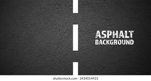 Asphalt road with white lane marking, concrete highway surface, texture. Street traffic line, road dividing strip. Pattern with grainy structure, grunge stone background. Vector illustration