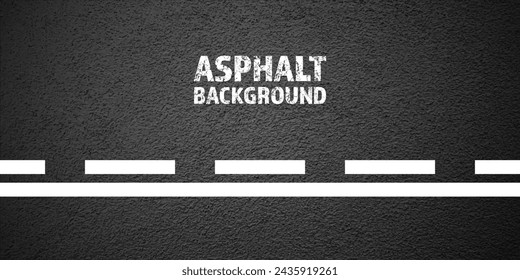 Asphalt road with white lane marking, concrete highway surface, texture. Street traffic line, road dividing strip. Pattern with grainy structure, grunge stone background. Vector illustration